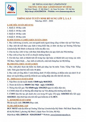 THÔNG BÁO TUYỂN SINH BỔ SUNG LỚP 2, 3, 4, 5 NĂM HỌC 2023 – 2024